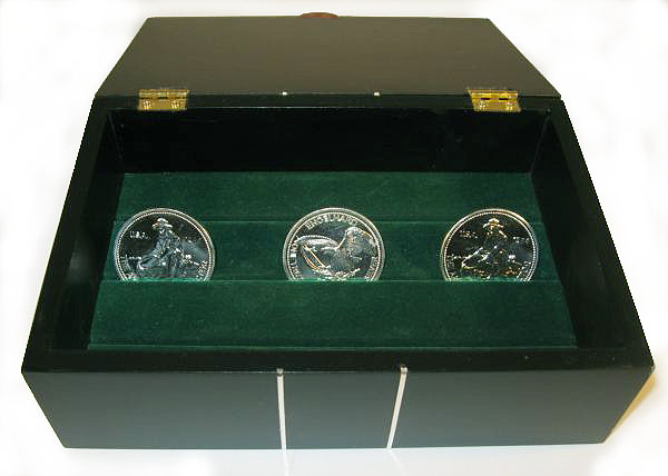 Handmade bullion coin display wood box made from ebony with silver inlay - open view closeup
