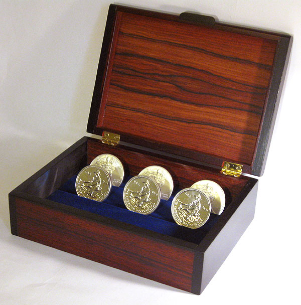 Bullion coin display box - Handmade wood box made of Cocobolo and Ebony - open view