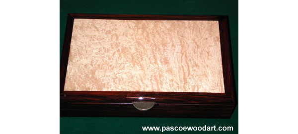 Caballero II - Cocobolo box with maple burl top inset, brass hinges and lift handle - Man's box - Valet or Keepsake box
