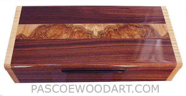 Handcrafted wood box - Decorative wood desktop box made of Brazilian kingwood with spalted maple burl indalid top, figured maple ends