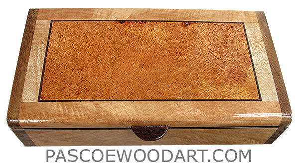 Handmade wood box - Decorative wood desktop box, slim wood box made of Pacific maple with amboyna burl inset top with shedua ends