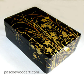 Handcrafted wood box by ebonized cherry with artwork by built up lacquer - Fumi Bako
