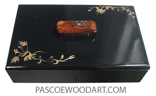 Handmade and handpainted wood box - Slim black keepsake box with original art in gold