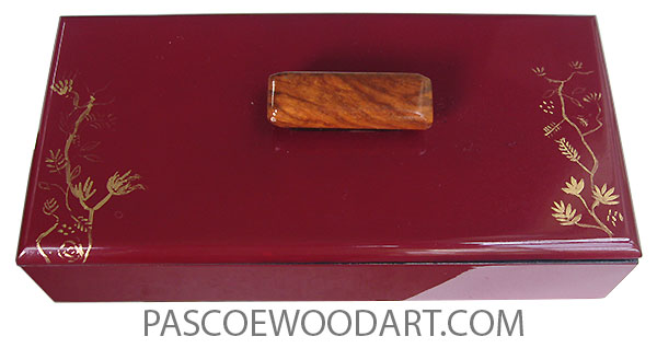 Handmade handpainted cranberry color wood box with original art in gold color - Slim wood keepsake box