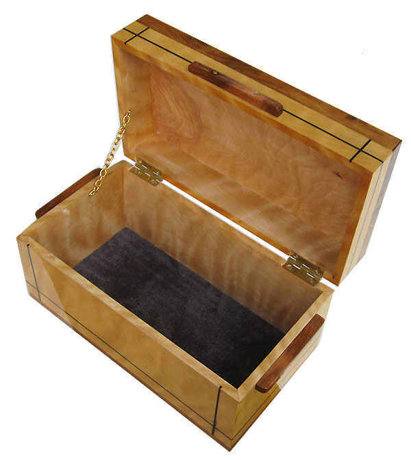 Handcrafted wood box - Decorative tall keepsake box made of flame birch with ebony inlay and Honduras rosewood trim - open view