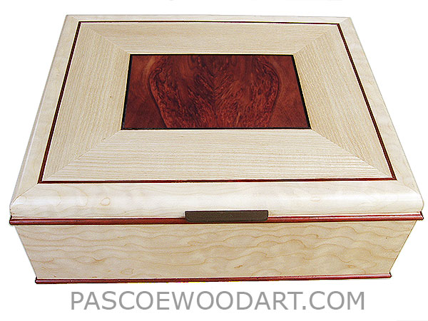 Handcrafted large wood box - Decorative wood keepsake box made of bleached quilted western maple, bloodwood burl, quarter-sawn bleached ash, ebony