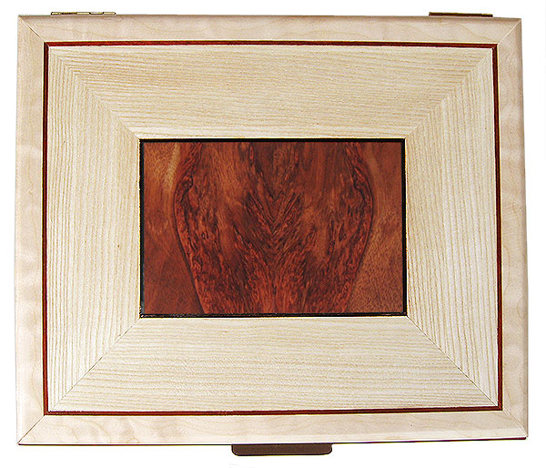 Bloodwood burl and quarter-sawn bleached ash with ebony and bloodwood striping box top - Handmade decorative large wood keepsake box