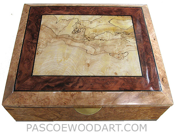 Handcrafted large wood box - Large decorative wood keepsake box or document dox made of maple burl with black line spalted maple burl framed in redwood burl and maple burl with ebony stringing