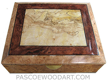 Handcrafted large wood box - Large decorative keepsake box or document box made of maple burl with blackline spalted maple framed in redwood burl and maple burl with ebony stringing top
