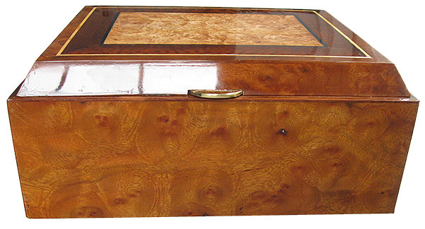 Camphor burl box front - Handmade large decorative wood keepsake box with sliding tray