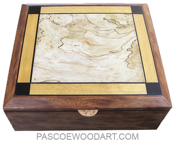 Handmade wood box, large keepsake box made of leopard mahogany with spalted maple, Ceylon satinwood and African blackwood inlaid top