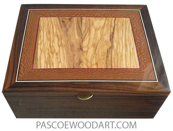 Handmade large wood box - Large keepsake box or document box made of East Indian rosewood with Mediterranean olive center framed in lacewood with loodwood and holly stringing