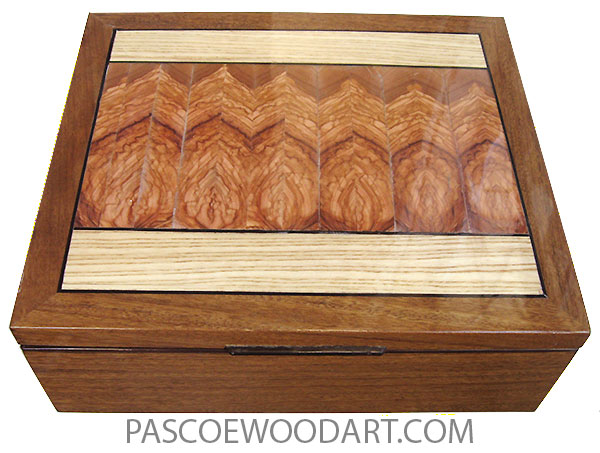 Handmade wood box - Large wood keepsake box made of shedua with mosaic top of Mediterranean olive and ash.