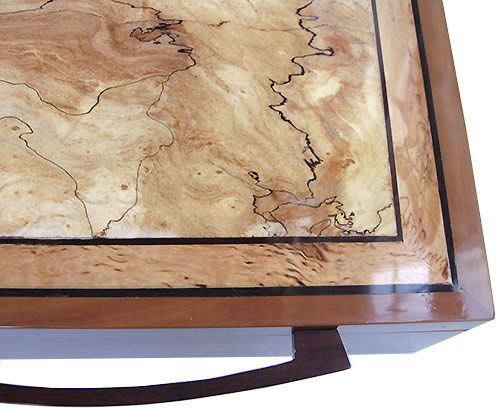 Spalted maple framed in masur birch with ebony stringings box to close up
