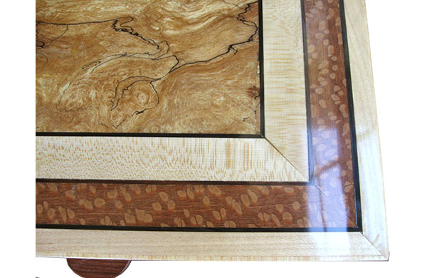 Handmade wood box top close up - Spalted maple center framed in maple and lacewood with ebony stringings
