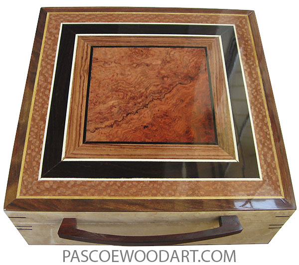 Handmade wood box - Large wood keepsake box made of birds eye maple with amboyna burl center framed in African blackwood, lacewood top