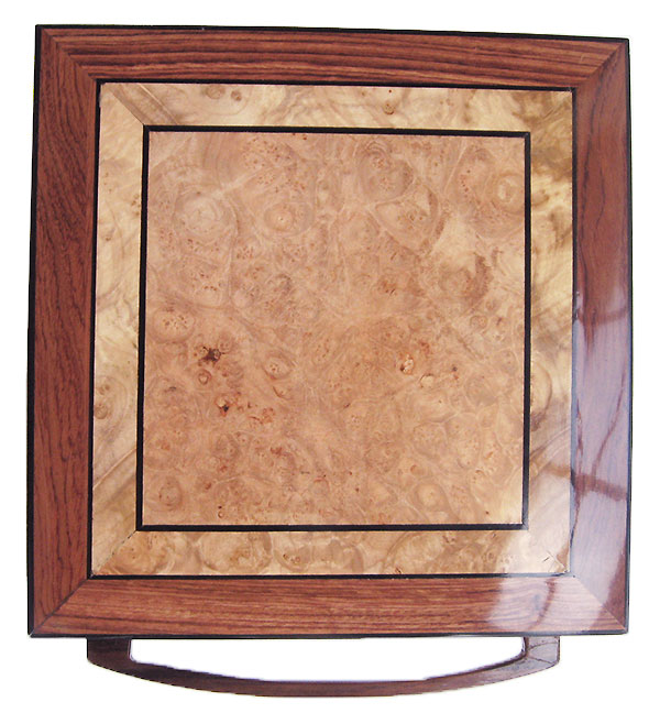 Maple burl center framed in bubinga with African blackwood stringing box top - Handcrafted wood keepsake box