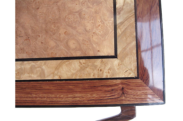 Maple burl center framed in bubinga box top  close up - Handcrafted wood box