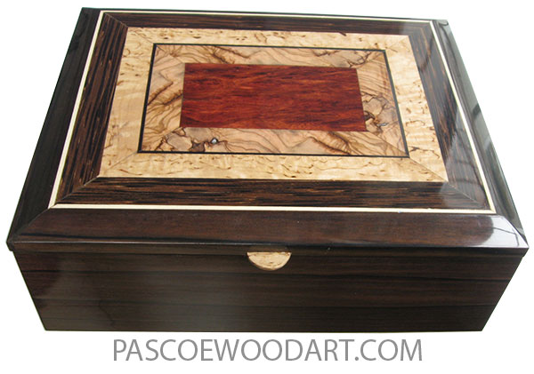 Handcrafted wood box - Keepsake box made of macassar ebony with mosaic top of bloodwood burl, Mediterranean olive and masur birch.