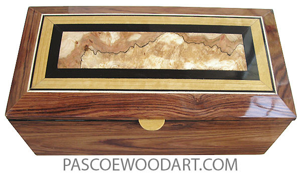 Handcrafted wood box - Medium lare keepsake box with sliding tray mad of Honduras rosewood with beveled top of spalted maple burl center framed in ebony and Ceylon satinwood