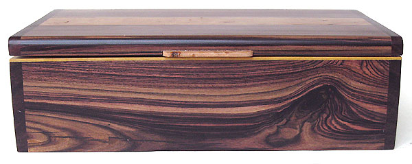 Handmade wood box front view - Brazilian kingwood, bois de rose, Ceylon satinwood
