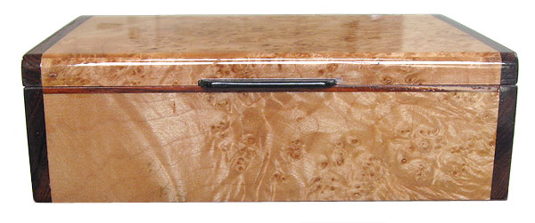 Handcrafted wood box front view - - Decorative wood keepsake box made of maple burl with cocolobo ends