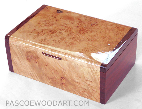 Handcrafted decorative wood keepsake box made of maple burl, padauk