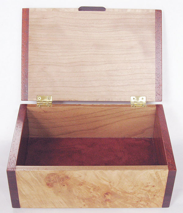 Handmade decorative wood keepsake box - Maple burl keepsake box - open view