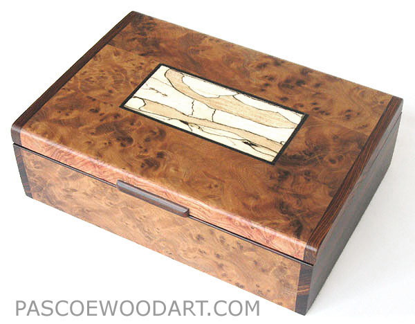 Decorative wood keepsake box - Handmade amboyna burl wood box with cocobolo ends, bleached spalted maple inlaid top