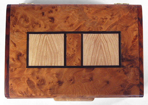 Amboyna burl box top with ash inlaid with ebony trim