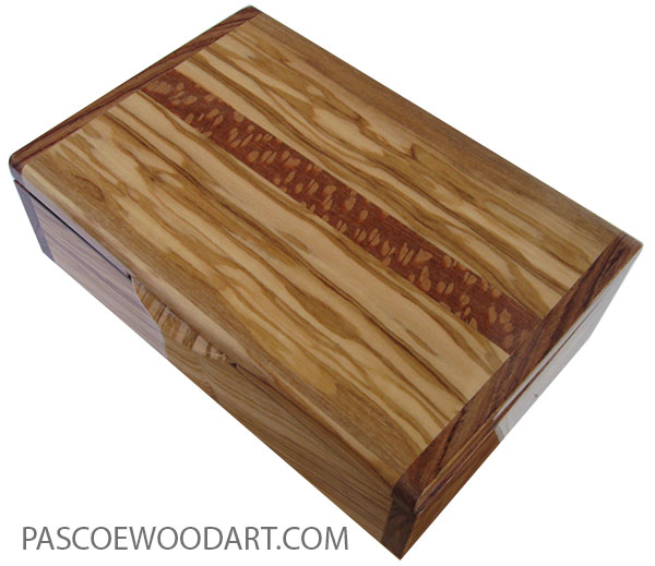 Handmade wood box - Keepsake box made of Mediterranean olive with Honduras rosewood ends and lacewood inlay top