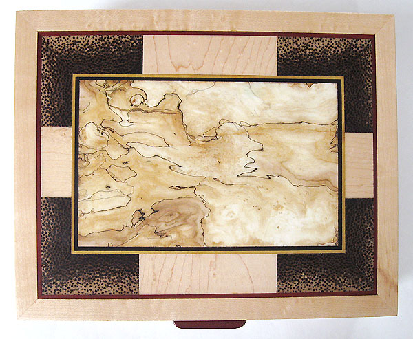 Decorative keepsake box top - End grain black palm, bleached spalted maple, bird's eye maple, ebony, bloodwood