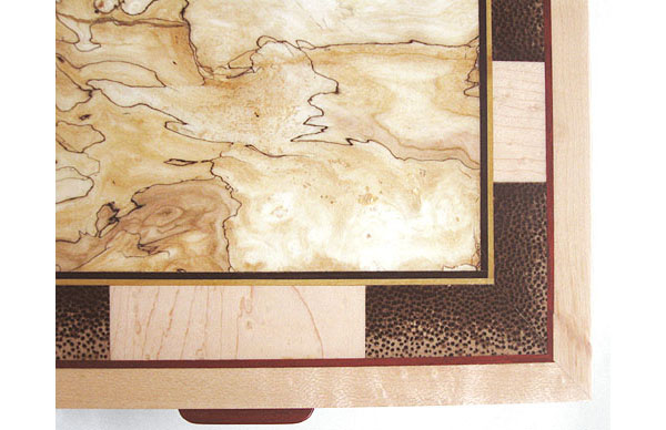 Handmade box top close up - Bleached spalted maple, end grain black palm, bird's eye maple with ebony and bloodwood accents