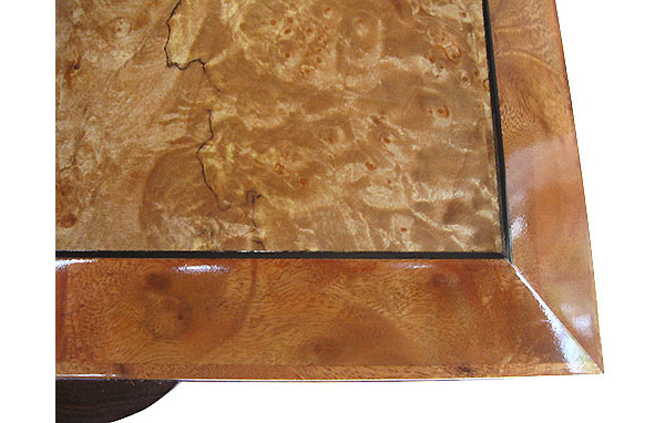 Maple burl center framed in camphor burl with ebony striping box top - close-up - Handcrafted decorative keepsake box