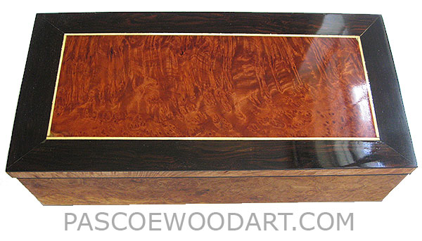Handcrafted wood box - Decorative wood keepsake box made of maple burl with redwood burl center framed in African rosewood top