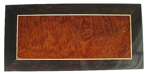 Redwood burl center framed in African rosewood with satinwood stringing box top