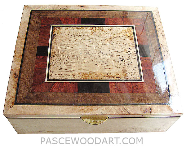 Handcrafted large wood box - Decorative wood keepsake box made of burley maple with a mosaic of ebony, padauk, shedua and masur birch top