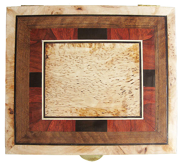 Box top with a mosaic of ebony, padauk, shedua and masur birch - Handcrafted large wood keepsake box