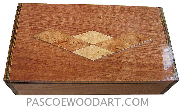 Handmade wood box - Decorative wood keepsake box made of mahogany with bocote ends with maple burl diamond pattern design on top