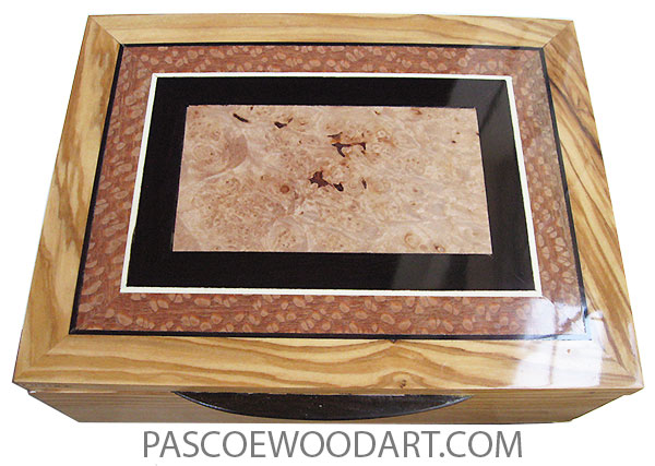Handmade wood box - Decorative keepsake box made of Mediterranean olive with maple burl center framed in Afriacan blackwood and lacewod top