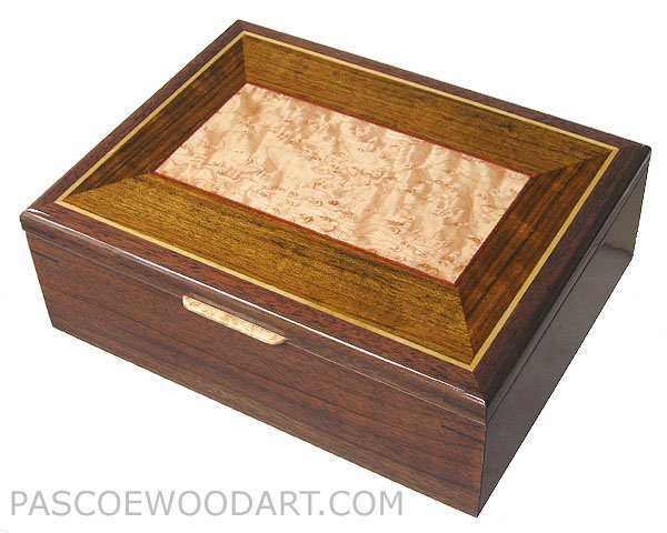 Handcrafted wood valet box - Decorative keepsake box made of walnut, shedua, bid's eye maple