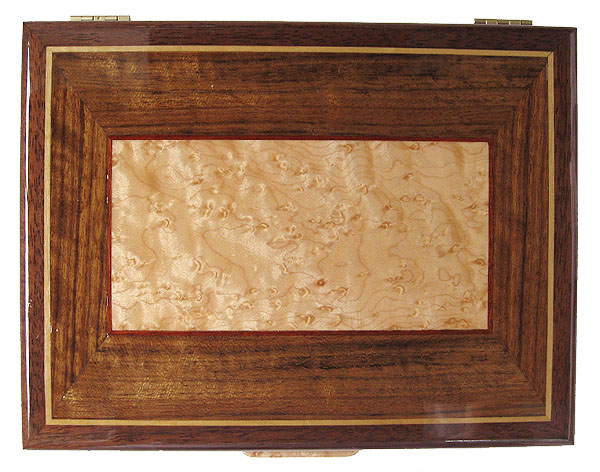 Decorative wood keepsake box top view - Shedua, birds eye inlaid trimmed with Ceylon satinwood top