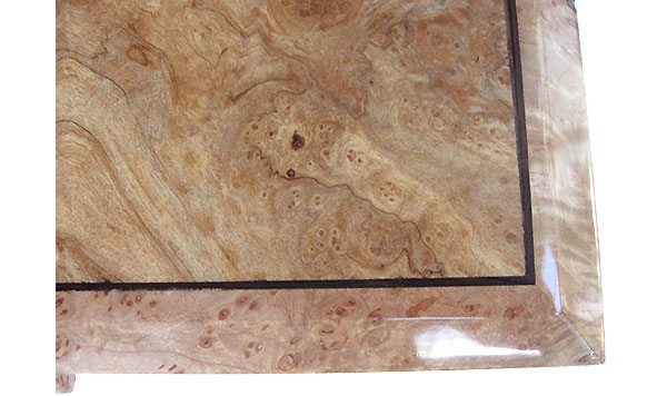 Spalted maple burl center framed in  maple burl beveled box top close up - Handcrafted wood box