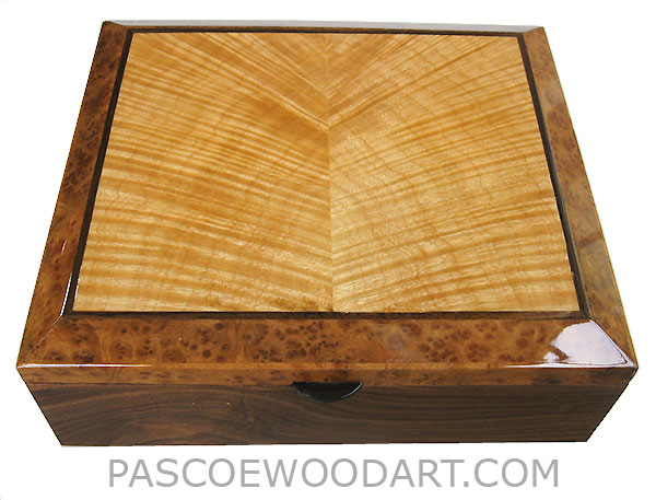 Handcrafted wood box - Decorative wood keepsake box made of Santos rosewood with camphor burl with flame maple inlay