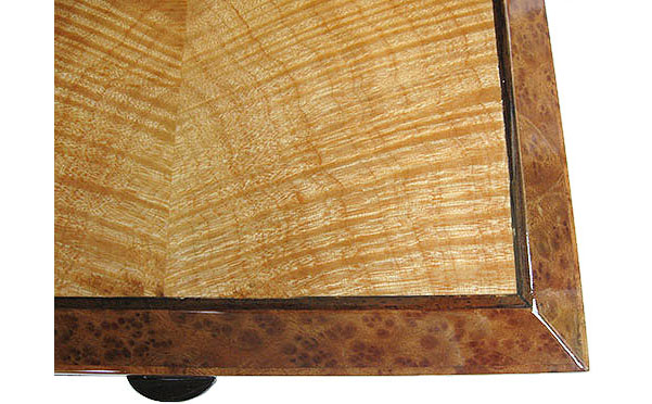 Flame maple inlaid camphor burl box top close-up - handcrafted decorative wood box