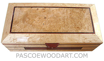 Handmade wood box made of birds eye maple with inlay of bloodwood and ebony, maple burl center piece on top