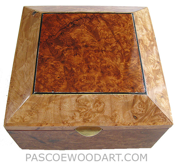 Handcrafted wood box - Decorative wood keepsake box made of maple burl with bevel top with amboyna burl center piece
