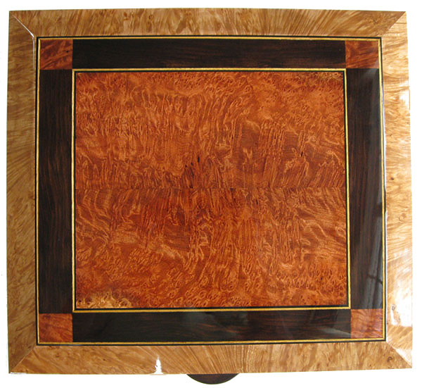 Redwood burl, African blackwood mosaic box top with Ceylon satinwood and ebony triming in maple burl frame