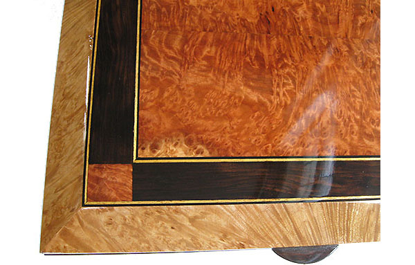 Redwood burl center piece framed in African blackwood and maple burl with ebony and satinwood striping box top close-up - Large decorative wood keepsake box