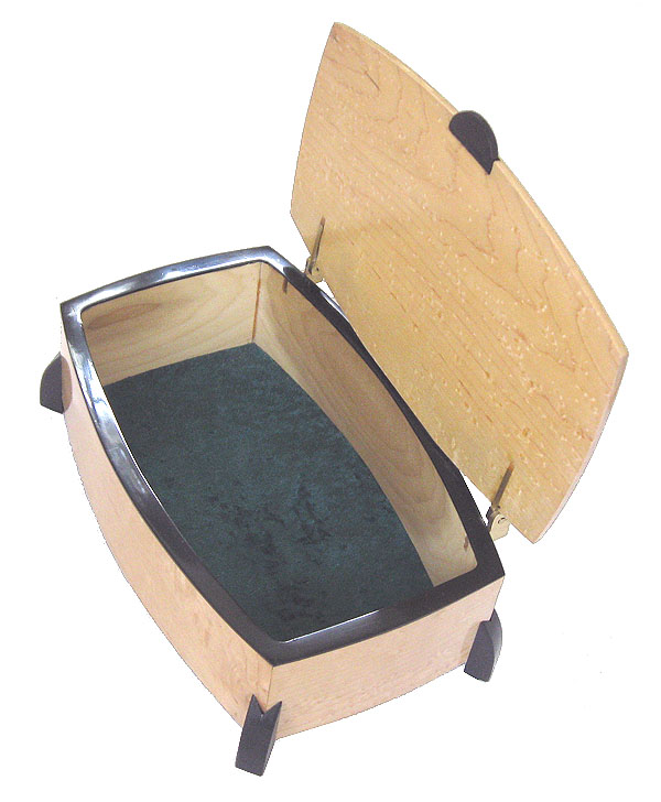 Handmade wood keepsake box made of bird's eye maple with ebony trim and legs -open view